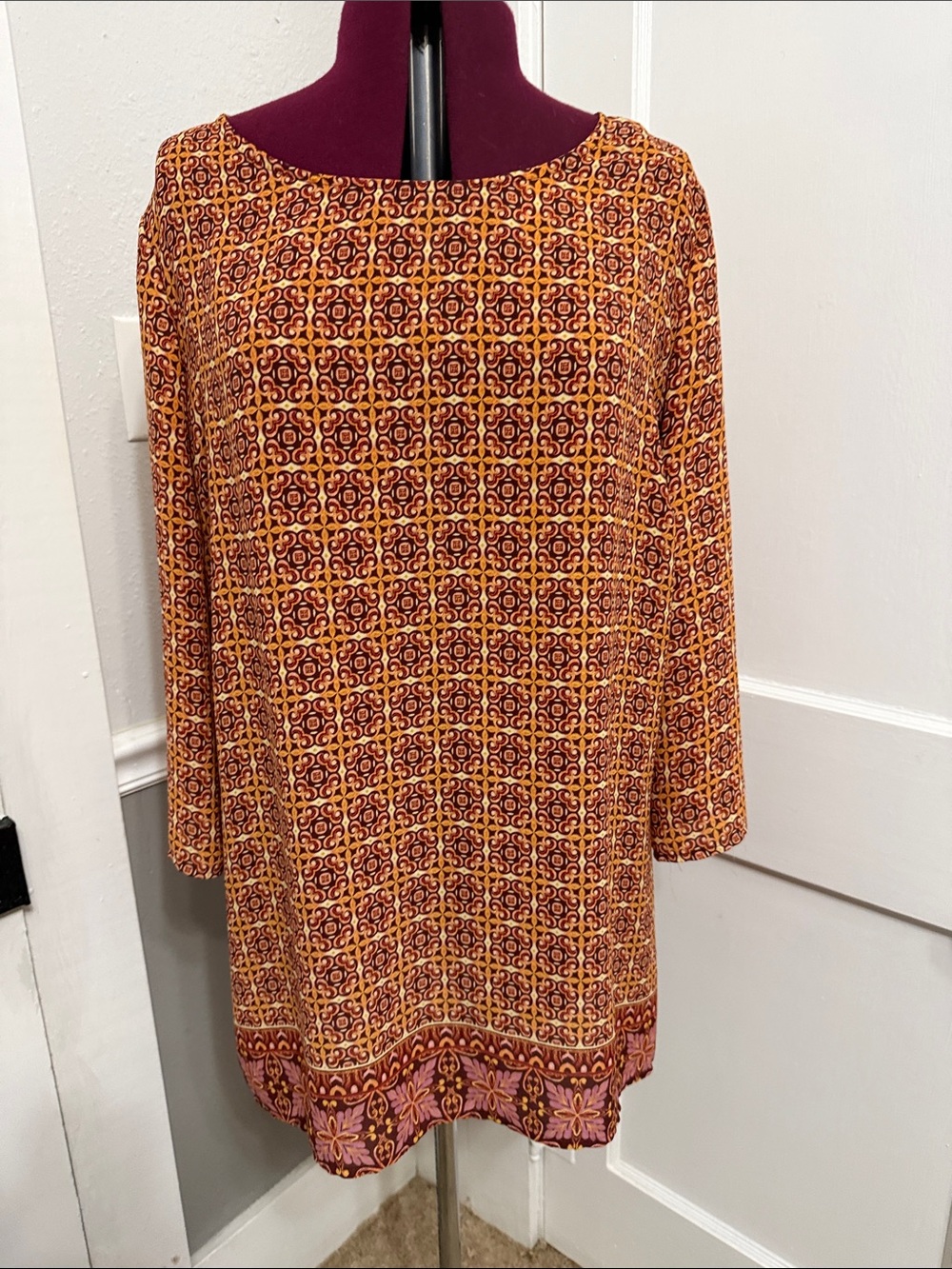 Tacera Orange and Burgundy Patterned Tunic